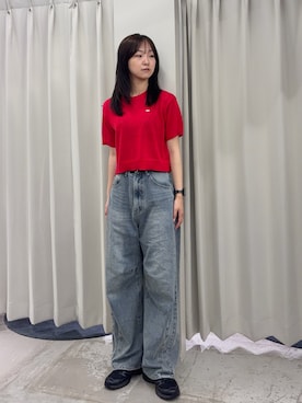「SENSE OF PLACE by URBAN RESEARCH(センスオブプレイスバイアーバンリサーチ)の『洗濯可』クルーネッククロップドセーター(ニット/セーター、レッド系)」を使った、カワグチさん(レディース・164cm)の夏コーディネート