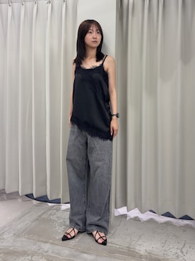 「SENSE OF PLACE by URBAN RESEARCH(センスオブプレイスバイアーバンリサーチ)のアシメヘムレースキャミソール(キャミソール、ブラック系)」を使った、カワグチさん(レディース・164cm)の夏コーディネート