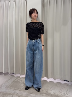 「SENSE OF PLACE by URBAN RESEARCH(センスオブプレイスバイアーバンリサーチ)のレースドレープトップ(Tシャツ/カットソー、ブラック系)」を使った、カワグチさん(レディース・164cm)の春コーディネート