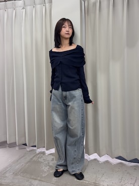 「SENSE OF PLACE by URBAN RESEARCH(センスオブプレイスバイアーバンリサーチ)の『洗濯可』オフショルリブセーター(ニット/セーター、ブルー系)」を使った、カワグチさん(レディース・164cm)の秋コーディネート