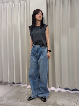 「SENSE OF PLACE by URBAN RESEARCH(センスオブプレイスバイアーバンリサーチ)の『汗ジミ防止』SKINProofノースリーブロールTシャツ(タンクトップ、グレー系)」を使った、カワグチさん(レディース・164cm)の夏コーディネート