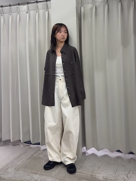「SENSE OF PLACE by URBAN RESEARCH(センスオブプレイスバイアーバンリサーチ)のメタルボタンピーチタッチルーズシャツ(シャツ/ブラウス、ブラウン系)」を使った、カワグチさん(レディース・164cm)の夏コーディネート