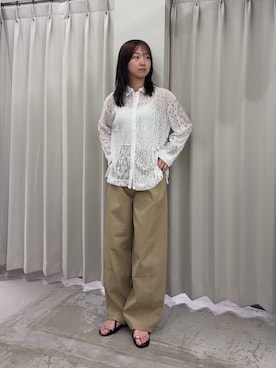 「SENSE OF PLACE by URBAN RESEARCH(センスオブプレイスバイアーバンリサーチ)のパッチワークレースシャツ(シャツ/ブラウス、ホワイト系)」を使った、カワグチさん(レディース・164cm)の夏コーディネート