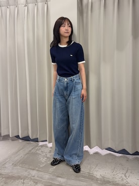 「SENSE OF PLACE by URBAN RESEARCH(センスオブプレイスバイアーバンリサーチ)の『洗濯可』バイカラーケーブルセーター(ニット/セーター、ブルー系)」を使った、カワグチさん(レディース・164cm)の夏コーディネート