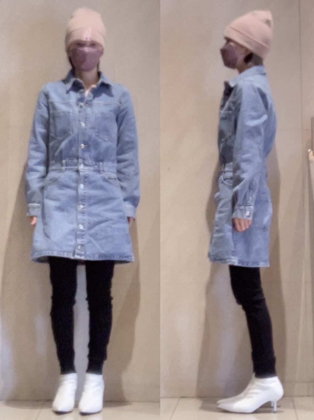 「デニムワンピース、ZARA、リブレギンス、antiqua、NEW ERA、SHEIN、jouetie、LosangeiesDodgers」｜「NEW ERAの【OVERRIDE別注】NEW ERA  KNIT CLASSIC / ニューエラ（ニットキャップ/ビーニー、ピンク系）」を使った、ニャン@whitemaskさん（レディース・160cm）の春コーディネートの1枚目の写真