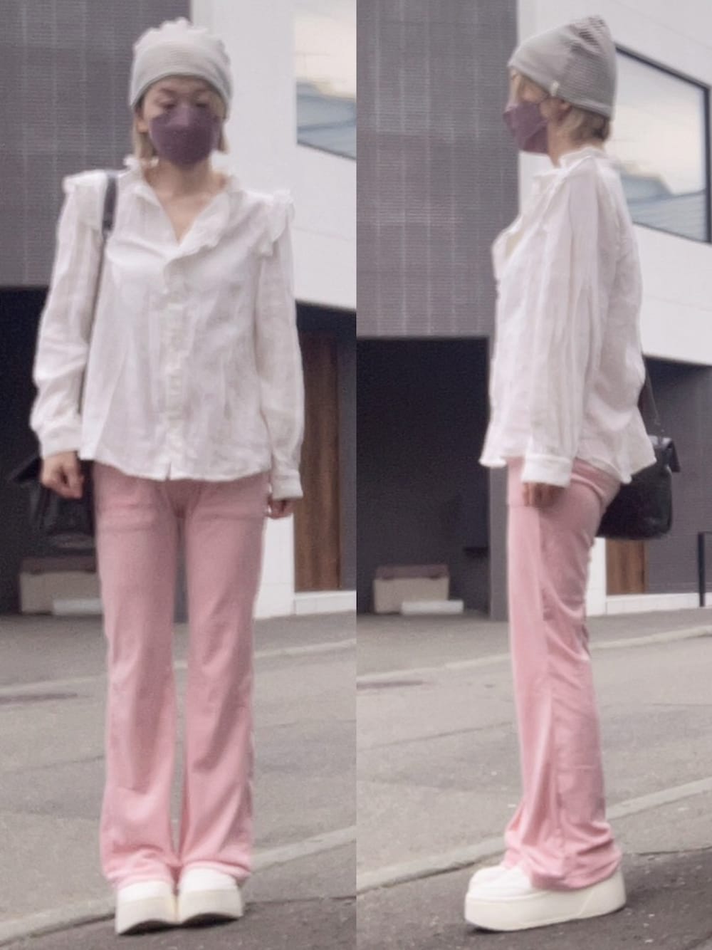 「SLY、フレアパンツ、ベロアパンツ、ハローキティコラボ、ZARA、override、H&M、外撮り」｜「H&Mのアイテム（シャツ/ブラウス、ホワイト系）」を使った、ニャン@whitemaskさん（レディース・160cm）の夏コーディネートの1枚目の写真