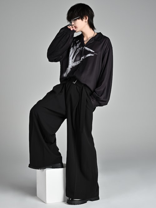 two tuck belt hakama wide slacks ブラック系 M セール】two tuck belt 'hakama' wide slacks / ツータック