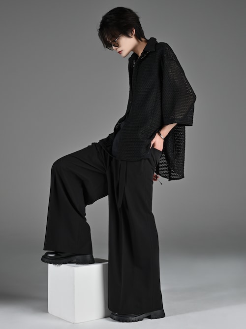 two tuck belt hakama wide slacks ブラック系 M セール】two tuck belt 'hakama' wide slacks / ツータック