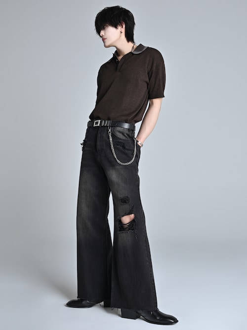 コ*た様 アンダーカバー フラグメントブラックデニムパンツ サイドレザー サイズ vintage side belt flare denim slacks / ヴィンテージサイドベルト