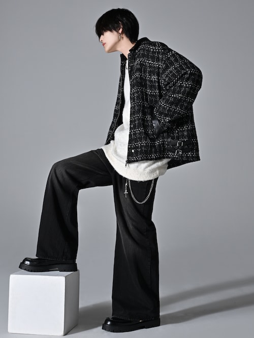 Many buckle belt tweed blouson/メニーバックルベルトツイード