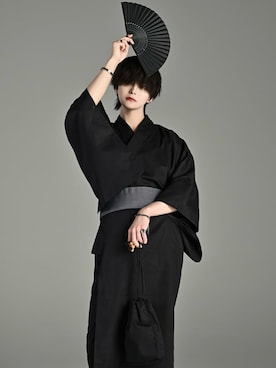 「ADRER（アドラー）のyukata 5 set / 浴衣 5点セット (浴衣・帯・下駄・扇子・巾着)（浴衣、ブラック系）」を使った、犬飼京 inukai keiさん（メンズ・183cm）の夏コーディネート