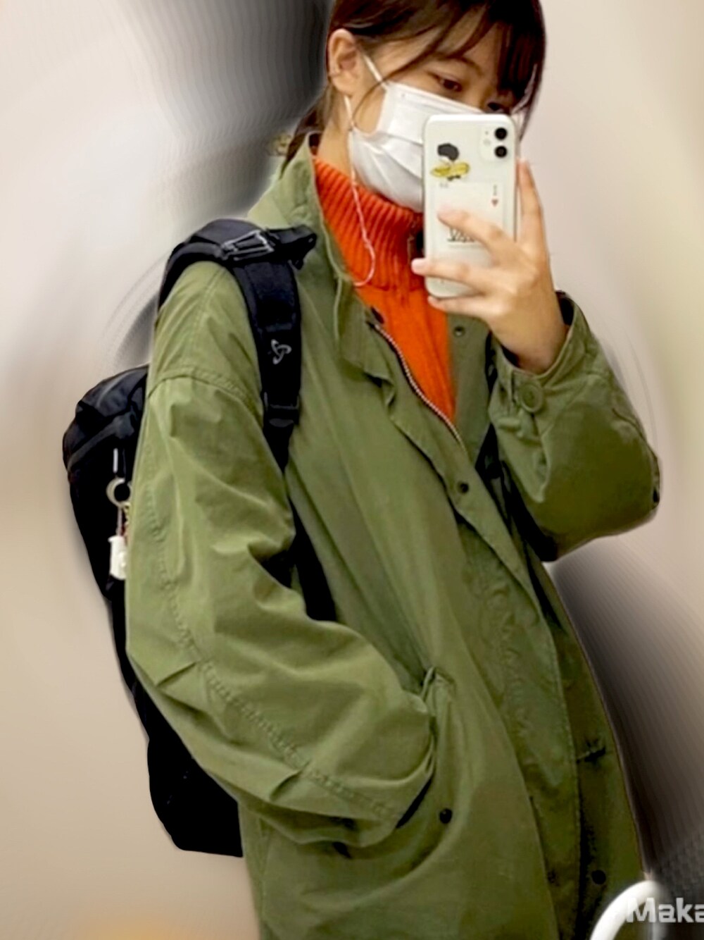 「wearhalloween2021、秋冬コーデ、秋服、アウター、M65、モッズコート、モッズコート カーキ、ポロラルフローレン、Polo Ralph Lauren、デニムコーデ、ハーフジップ、セーター、ニット、オレンジ、オレンジニット」｜「FREAK'S STOREのM-65 3WAYライナーセットモッズコート（モッズコート、グリーン系）」を使った、ｺｺﾛさん（レディース・163cm）の秋コーディネートの1枚目の写真