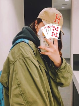「キャップ女子」｜「アイテム（モッズコート）」を使った、ｺｺﾛさん（レディース・163cm）の夏コーディネート