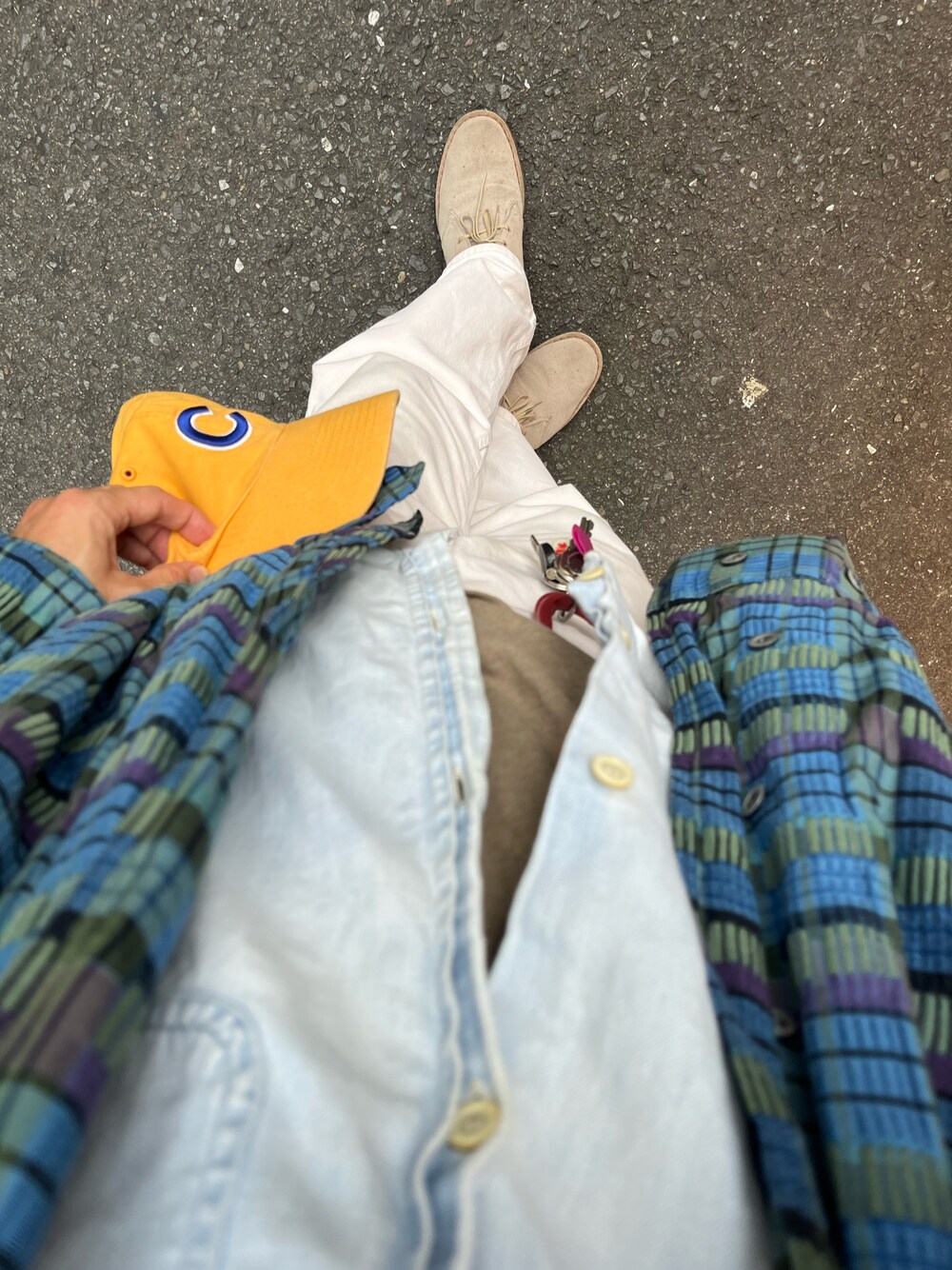 「シャツジャケット、レイヤードスタイル、Euro vintage、BASEBALL CAP」｜「Clarksのアイテム（ブーツ、ベージュ系）」を使った、Taka_Koboさん（メンズ・165cm）の秋コーディネートの1枚目の写真
