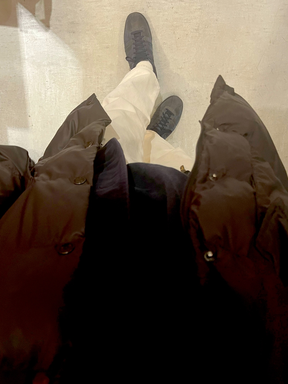 「addidas、tabacco、Comme des Garcons SHIRT、MONCLER、BROWN、navy」｜「adidasのアイテム（スニーカー、ブルー系）」を使った、Taka_Koboさん（メンズ・165cm）の冬コーディネートの1枚目の写真