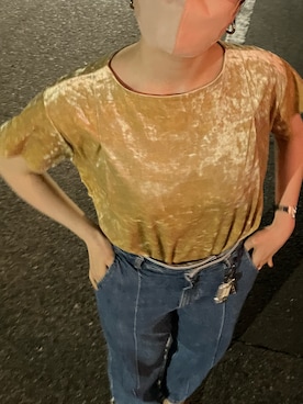 「ROSE BUD（ローズバッド）のサイドスリットベロアTシャツ（Tシャツ/カットソー、イエロー系）」を使った、しゃかりき・リラックスさん（レディース・159cm）の夏コーディネート