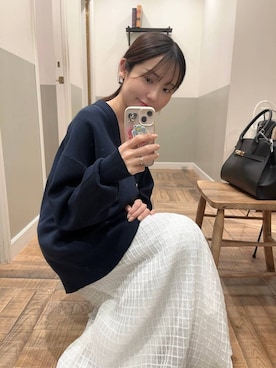 「A part by（アパートバイ）のスポンディッシュVカーディガン（Cardigans、ブルー系）」を使った、miyuさん（レディース・154cm）の春コーディネート