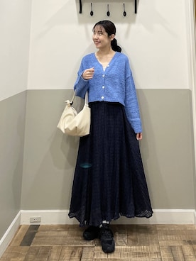 「A part by（アパートバイ）のテープヤーンニットカーディガン（Cardigans、ブルー系）」を使った、miyuさん（レディース・154cm）の春コーディネート