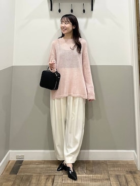 「A part by（アパートバイ）のスラックスコクーンボリュームパンツ（Trousers、ホワイト系）」を使った、miyuさん（レディース・154cm）の春コーディネート