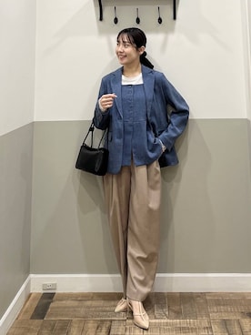 「A part by（アパートバイ）の【多機能・Sサイズ展開】リネンライクシングルジャケット（Collarless jacket、ブルー系）」を使った、miyuさん（レディース・154cm）の春コーディネート