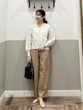 「A part by（アパートバイ）のアイレットアミショートカーディガン（Cardigans、ホワイト系）」を使った、miyuさん（レディース・154cm）の春コーディネート