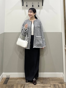 「A part by（アパートバイ）の【Sサイズ展開・セットアップ対応】ツイードノーカラージャケット（Collarless jacket、ブラック系）」を使った、miyuさん（レディース・154cm）の春コーディネート