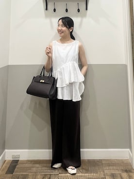 「A part by（アパートバイ）のイージーストレートパンツ（スラックス、ブラウン系）」を使った、miyuさん（レディース・154cm）の夏コーディネート
