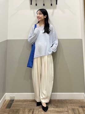 「A part by（アパートバイ）のスラックスコクーンボリュームパンツ（スラックス、ホワイト系）」を使った、miyuさん（レディース・154cm）の春コーディネート