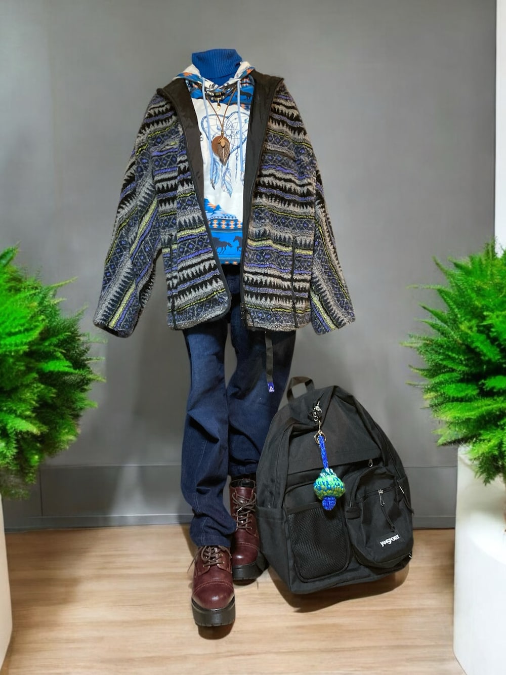 「真冬のあったかスタイル、黒リュック、bohemians」｜「YOSUKEの「YOSUKE/ヨースケ」メンズ厚底レースアップショートブーツ（ブーツ、ブラウン系）」を使った、 SHOWKO  さん（レディース・148cm）の冬コーディネートの1枚目の写真