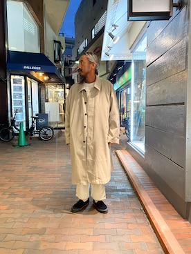 「A4A（エーフォーエー）のアイテム（ステンカラーコート）」を使った、長老さん（メンズ・170cm）の冬コーディネート