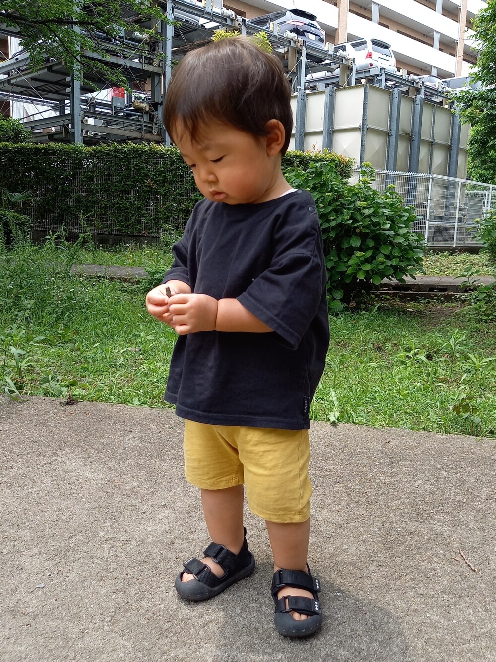 「キッズファッション、男の子コーデ、夏だ！Tシャツ着よう！、おしゃれさんと繋がりたい、ラクチンコーデ、カラーコーデ、イエロー、スポーツサンダル、イエロー×ブラック、ラフ」｜「西松屋のアイテム（サンダル、ブラック系）」を使った、aoto*senaさん（キッズ・80cm）の夏コーディネートの1枚目の写真