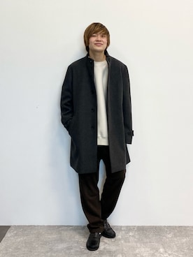 「低身長」｜「アイテム（ノーカラーコート）」を使った、いしかわさん（メンズ・168cm）の冬コーディネート