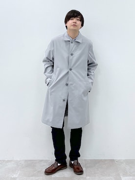 「ストライプ」｜「アイテム（ステンカラーコート）」を使った、いしかわさん（メンズ・168cm）の冬コーディネート