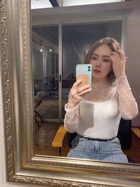 「RETRO GIRL（レトロガール）のフレアパンツ（デニムパンツ）」を使った、𝑚𝑎さん（レディース・163cm）の春コーディネート