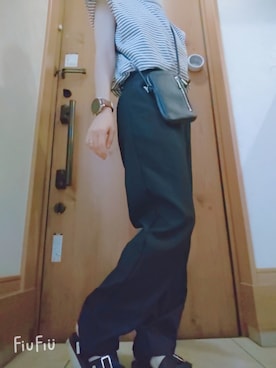 「ボーダートップス」｜「アイテム（PC・スマホグッズ/家電）」を使った、HanaRさん（レディース・150cm）の夏コーディネート