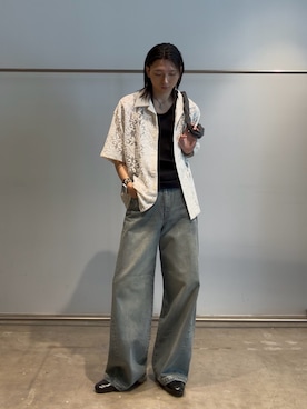 「Lui's（ルイス）のフラワーレースボリュームs/sシャツ（シャツ/ブラウス、グレー系）」を使った、Ryu.さん（メンズ・172cm）の夏コーディネート