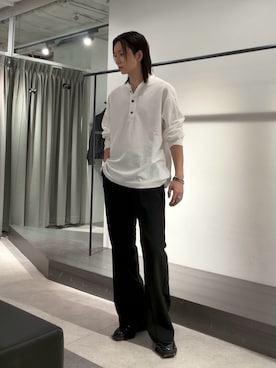 「Lui's（ルイス）の鹿の子ヘンリーネックプルオーバー（Tシャツ/カットソー、ホワイト系）」を使った、Ryu.さん（メンズ・172cm）の秋コーディネート