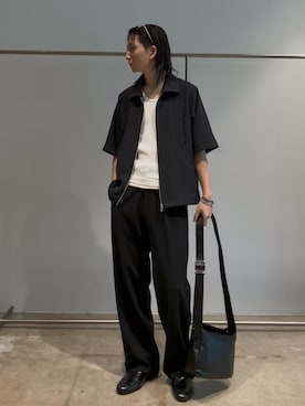 「Lui's（ルイス）のレイヤードジップ半袖シャツ（シャツ/ブラウス、ブラック系）」を使った、Ryu.さん（メンズ・172cm）の夏コーディネート