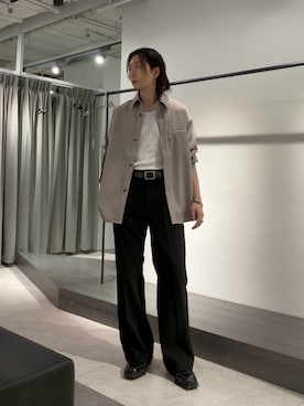 「Lui's（ルイス）のストライプシャツブルゾン（シャツ/ブラウス、グレー系）」を使った、Ryu.さん（メンズ・172cm）の秋コーディネート