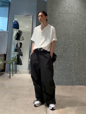 「Lui's（ルイス）のコットンヘンリーネックTシャツ（Tシャツ/カットソー、ホワイト系）」を使った、Ryu.さん（メンズ・172cm）の夏コーディネート