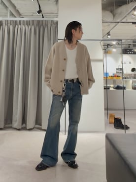 「Lui's（ルイス）のチャンキーカーディガン（カーディガン/ボレロ、グレー系）」を使った、Ryu.さん（メンズ・172cm）の秋コーディネート
