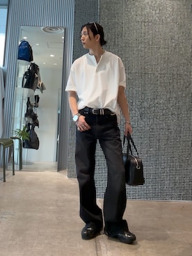 「Lui's（ルイス）のサマーミラノヘンリーネックTシャツ（Tシャツ/カットソー、ホワイト系）」を使った、Ryu.さん（メンズ・172cm）の夏コーディネート