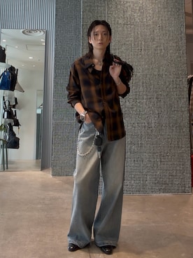 「Lui's（ルイス）のオンブレーチェックオーバーシャツ（シャツ/ブラウス、ブルー系）」を使った、Ryu.さん（メンズ・172cm）の春コーディネート