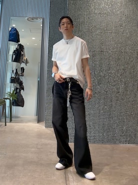 「Lui's（ルイス）のサマーミラノベーシックTシャツ（Tシャツ/カットソー、ホワイト系）」を使った、Ryu.さん（メンズ・172cm）の夏コーディネート