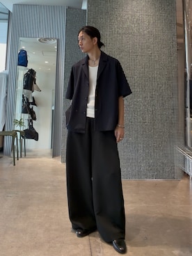 「Lui's（ルイス）のファインTR半袖シャツジャケット（シャツ/ブラウス、ブラック系）」を使った、Ryu.さん（メンズ・172cm）の春コーディネート