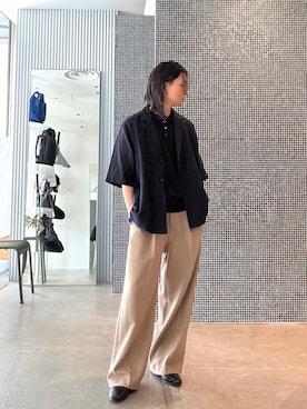 「Lui's（ルイス）のジョーゼットタックワイドパンツ（その他パンツ、ベージュ系）」を使った、Ryu.さん（メンズ・172cm）の春コーディネート