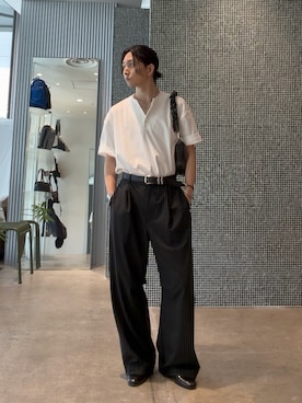 「Lui's（ルイス）のヴィンテージライクハーフムーンバッグ（ショルダーバッグ、ブラック系）」を使った、Ryu.さん（メンズ・172cm）の夏コーディネート