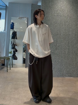 「Lui's（ルイス）のダブルクロスタックワイドパンツ（スラックス、ブラウン系）」を使った、Ryu.さん（メンズ・172cm）の春コーディネート