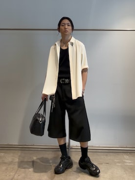 「Lui's（ルイス）のソフトタッチ半袖シャツ（シャツ/ブラウス、ホワイト系）」を使った、Ryu.さん（メンズ・172cm）の夏コーディネート