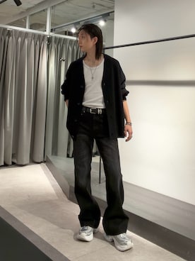 「Lui's（ルイス）のチャンキーカーディガン（カーディガン/ボレロ、ブラック系）」を使った、Ryu.さん（メンズ・172cm）の秋コーディネート